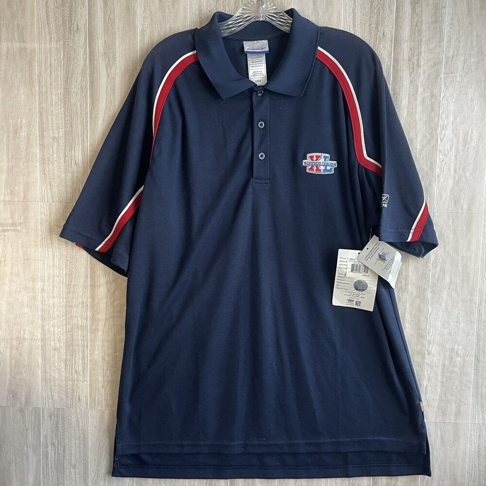 Reebok Superbowl XL (40) STAFF Polo Shirt Mens Sz L NAVY NFL Casual Short Sleeve